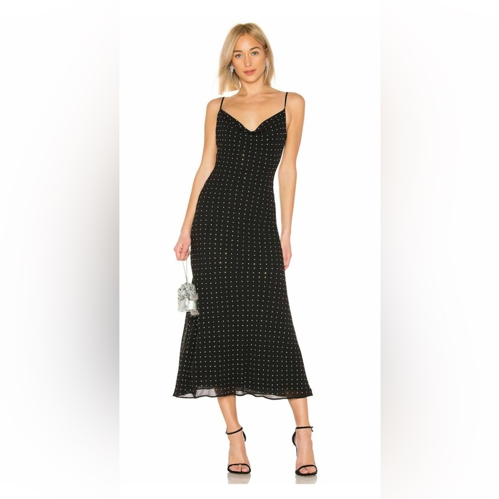 NWOT LPA Flowy Cowl Neck Backless Dress with Crystal Dots - black chiffon